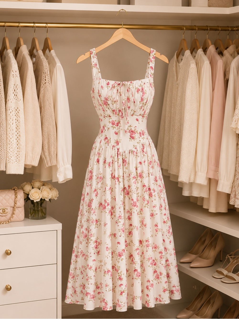 Floral Print Corset A-Line Sundress in White and Pink